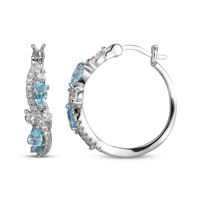 Main Image 3 of Multi-Shape Swiss Blue Topaz & White Lab-Created Sapphire Swirl Hoop Earrings Sterling Silver