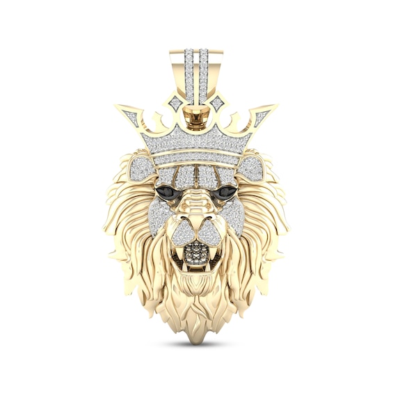 Men's Black & White Diamond Lion With Crown Pendant 1/2 ct tw 10K Yellow Gold