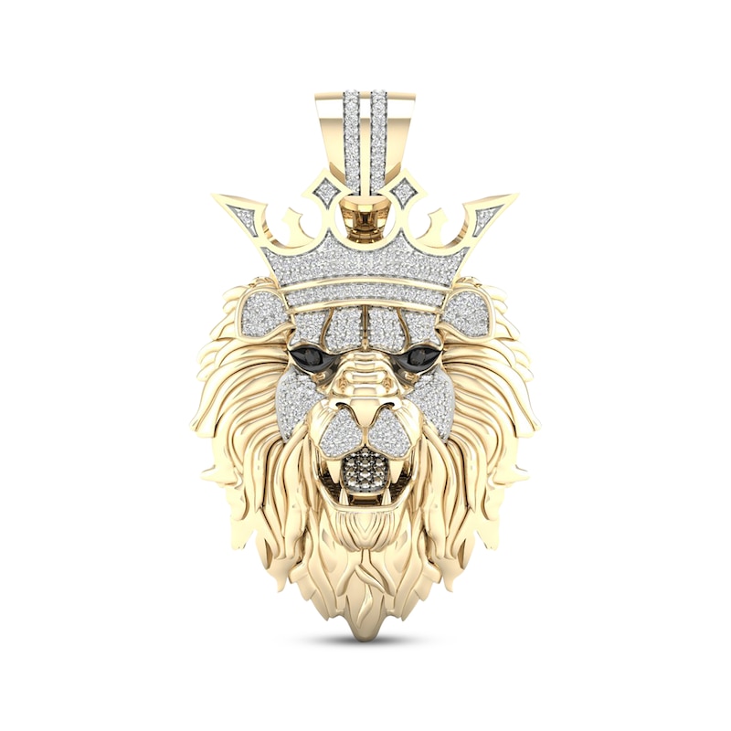 Men's Black & White Diamond Lion With Crown Pendant 1/2 ct tw 10K Yellow Gold