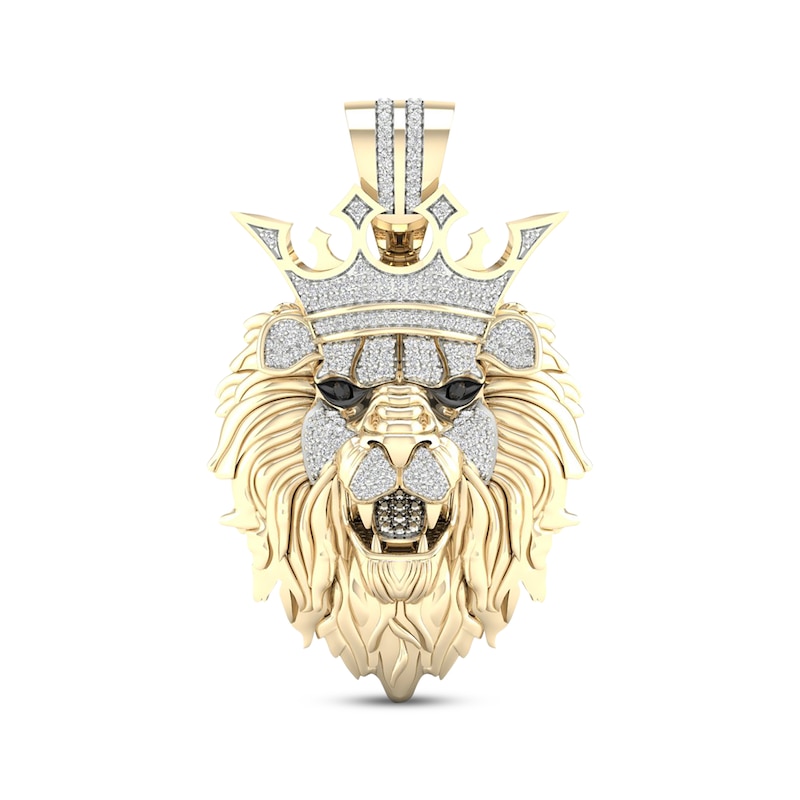Main Image 1 of Men's Black & White Diamond Lion With Crown Pendant 1/2 ct tw 10K Yellow Gold