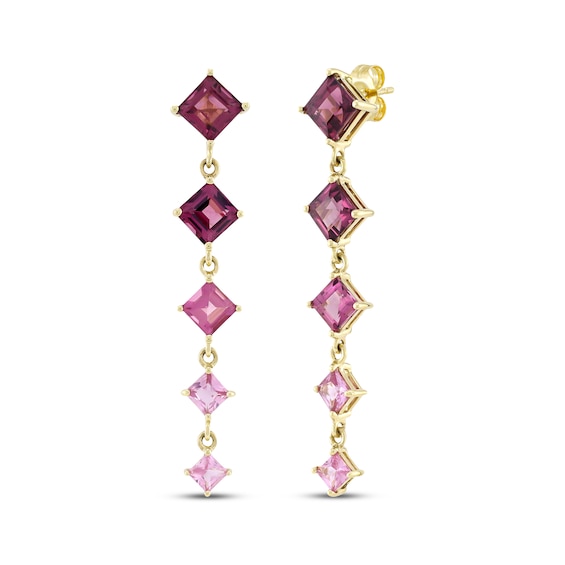 Square-Cut Rhodolite Garnet, Pink Sapphire & Pink Tourmaline Drop Earrings 10K Yellow Gold