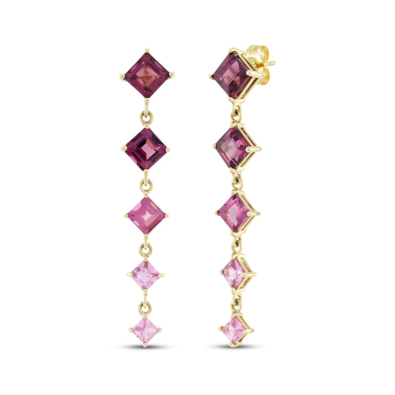 Main Image 1 of Square-Cut Rhodolite Garnet, Pink Sapphire & Pink Tourmaline Drop Earrings 10K Yellow Gold