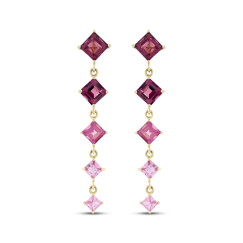 Main Image 2 of Square-Cut Rhodolite Garnet, Pink Sapphire & Pink Tourmaline Drop Earrings 10K Yellow Gold