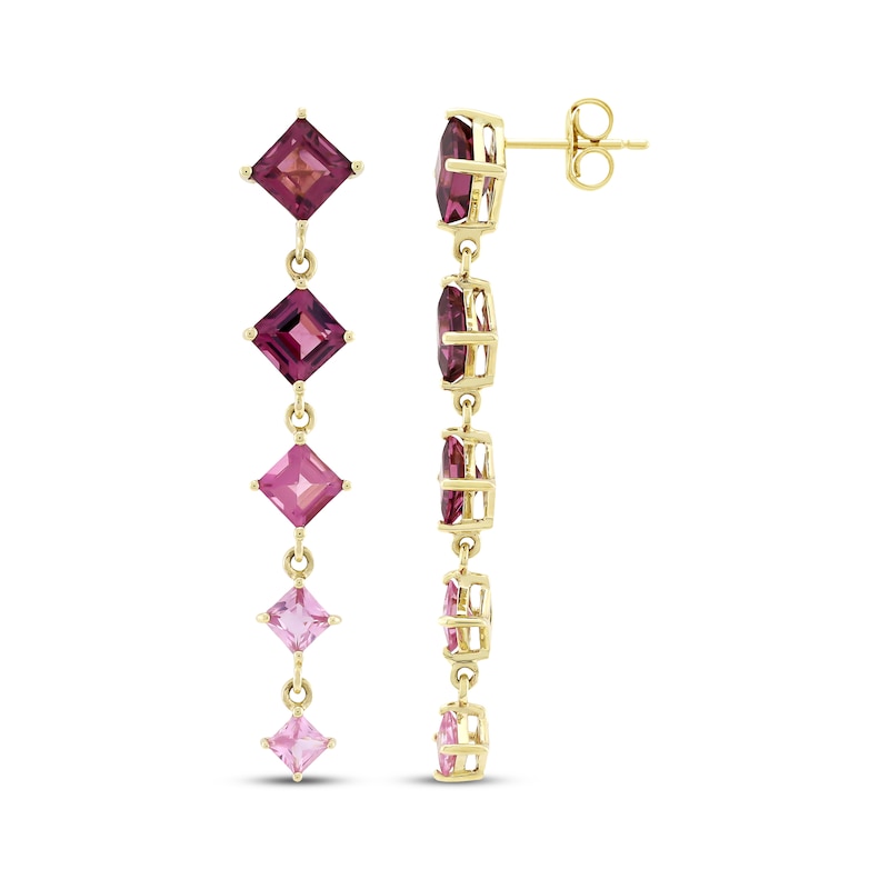 Main Image 3 of Square-Cut Rhodolite Garnet, Pink Sapphire & Pink Tourmaline Drop Earrings 10K Yellow Gold