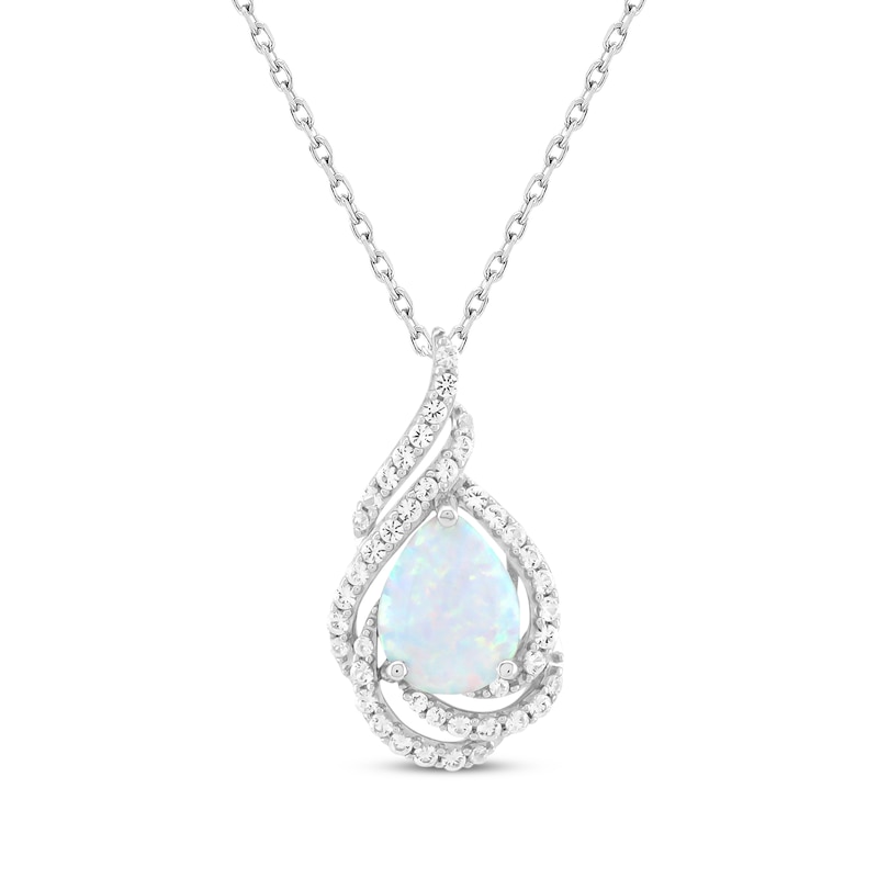 Main Image 1 of Pear-Shaped Lab-Created Opal & White Lab-Created Sapphire Teardrop Swirl Necklace Sterling Silver 18&quot;
