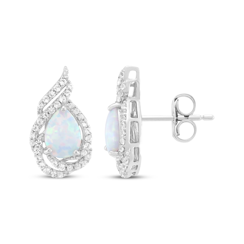 Main Image 3 of Pear-Shaped Lab-Created Opal & White Lab-Created Sapphire Teardrop Swirl Earrings Sterling Silver