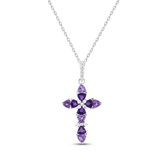 Trillion-Cut Amethyst & White Lab-Created Sapphire Cross Necklace Sterling Silver 18"