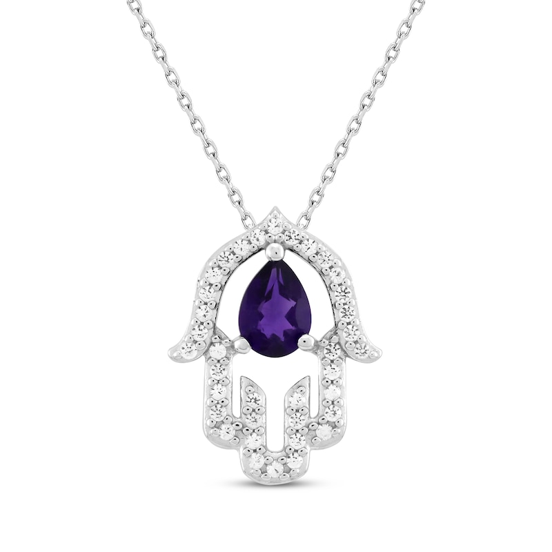 Main Image 1 of Pear-Shaped Amethyst & White Lab-Created Sapphire Hamsa Necklace Sterling Silver 18&quot;