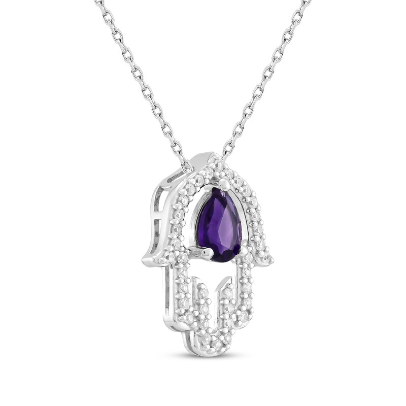 Main Image 2 of Pear-Shaped Amethyst & White Lab-Created Sapphire Hamsa Necklace Sterling Silver 18&quot;