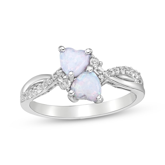 Heart-Shaped Lab-Created Opal & White Lab-Created Sapphire Ring Sterling Silver