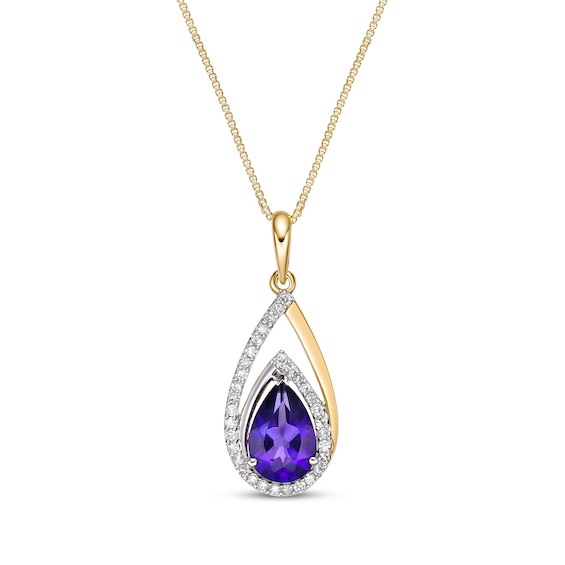 Pear-Shaped Amethyst & Diamond Teardrop Necklace 1/6 ct tw 10K Yellow Gold 18"