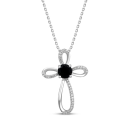 Black Onyx & White Lab-Created Sapphire Cross Necklace Sterling Silver 18"