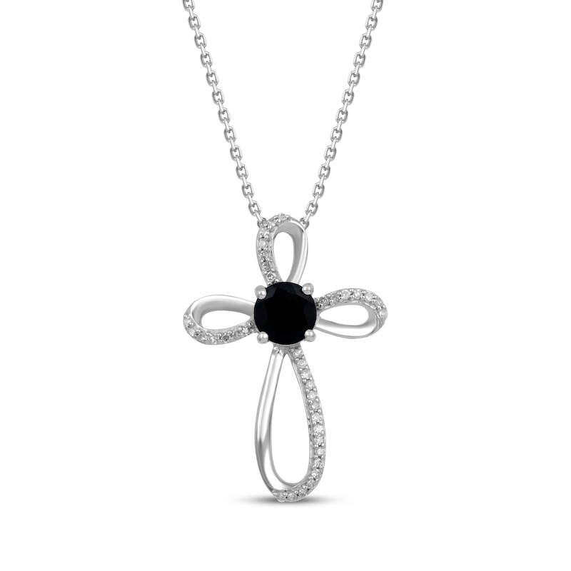Main Image 1 of Black Onyx & White Lab-Created Sapphire Cross Necklace Sterling Silver 18&quot;