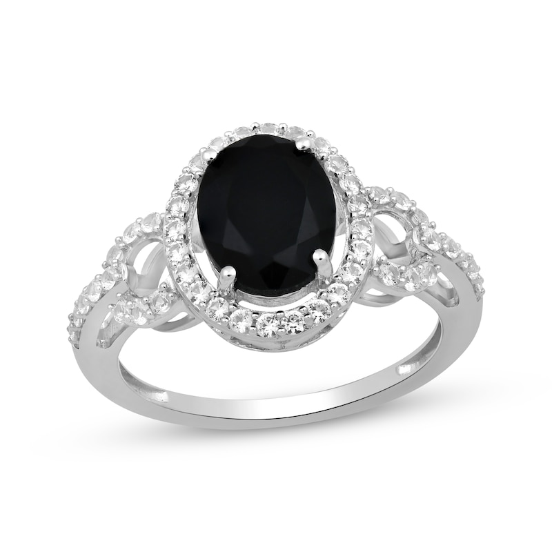 Main Image 1 of Oval-Cut Black Onyx & White Lab-Created Sapphire Halo Ring Sterling Silver