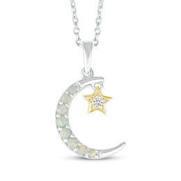 Lab-Created Opal & White Lab-Created Sapphire Crescent Moon Necklace Sterling Silver & 10K Yellow Gold 18"