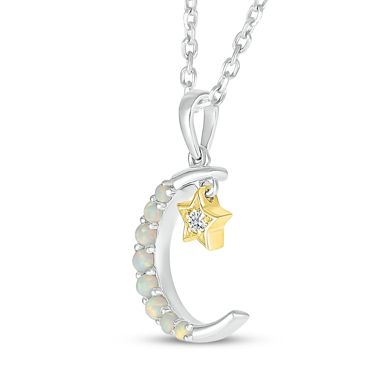 Main Image 2 of Lab-Created Opal & White Lab-Created Sapphire Crescent Moon Necklace Sterling Silver & 10K Yellow Gold 18&quot;