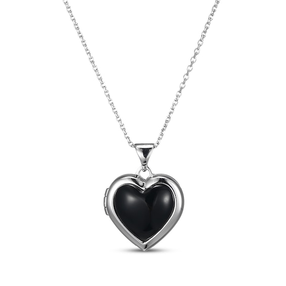 Heart-Shaped Black Agate Locket Sterling Silver 18"