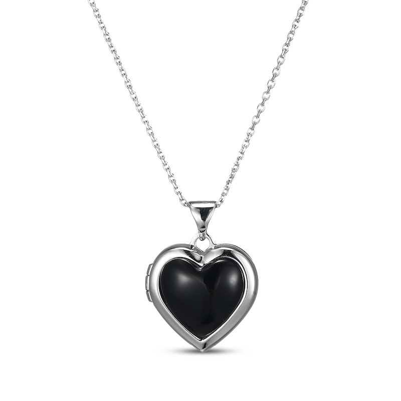 Main Image 1 of Heart-Shaped Black Agate Locket Sterling Silver 18&quot;