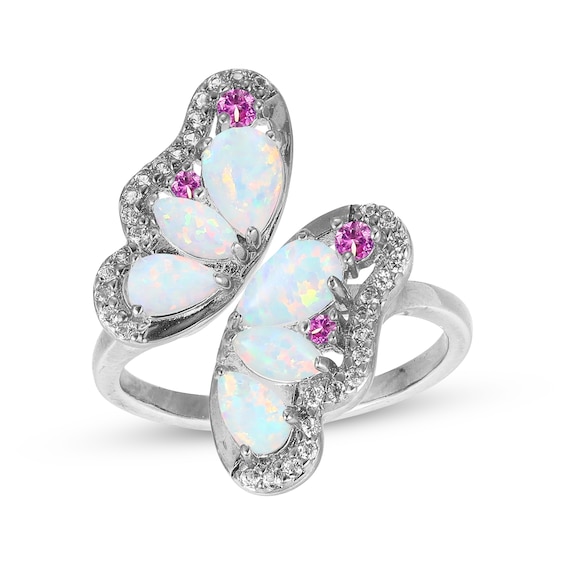 Pear-Shaped & Marquise-Cut Lab-Created Opal, Pink & White Lab-Created Sapphire Butterfly Bypass Ring Sterling Silver