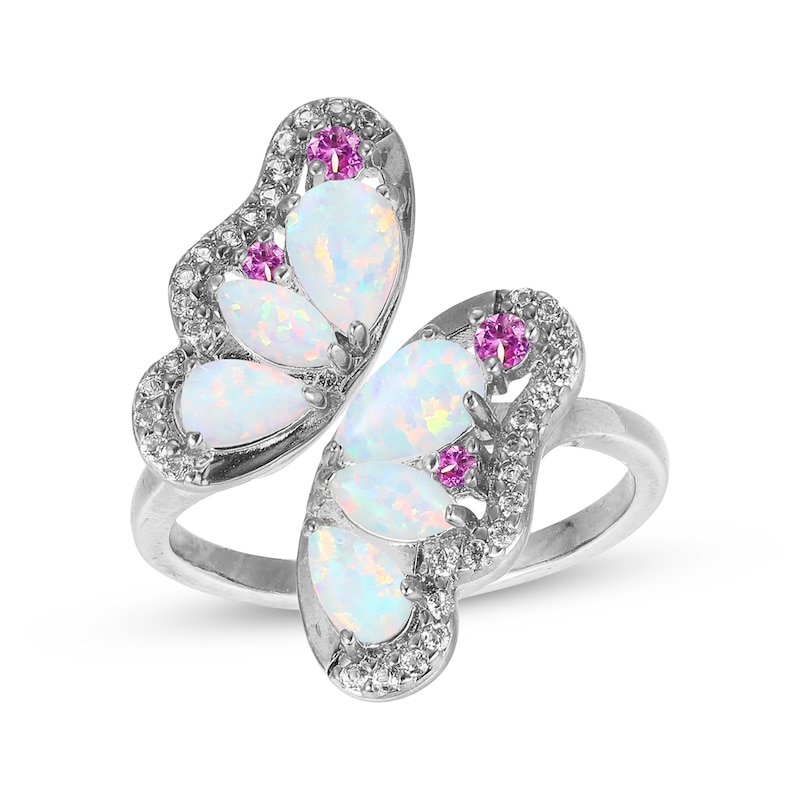 Main Image 1 of Pear-Shaped & Marquise-Cut Lab-Created Opal, Pink & White Lab-Created Sapphire Butterfly Bypass Ring Sterling Silver