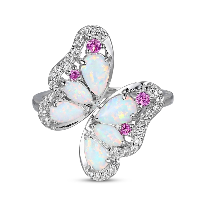 Main Image 3 of Pear-Shaped & Marquise-Cut Lab-Created Opal, Pink & White Lab-Created Sapphire Butterfly Bypass Ring Sterling Silver