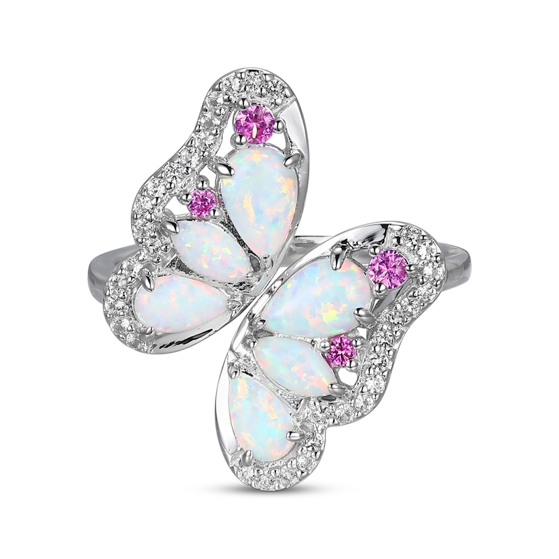 Pear-Shaped & Marquise-Cut Lab-Created Opal, Pink & White Lab-Created Sapphire Butterfly Bypass Ring Sterling Silver