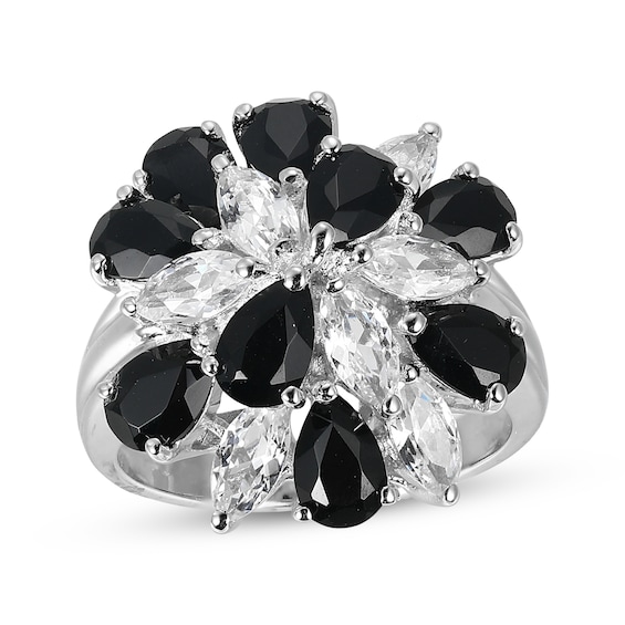 Pear-Shaped Black Agate & Marquise-Cut White Lab-Created Sapphire Cluster Ring Sterling Silver