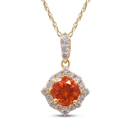 Fire Opal & Diamond Halo Necklace 1/6 ct tw 10K Yellow Gold 18"