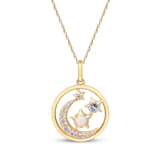 Aquamarine, Opal & Diamond Stars & Moon Necklace 1/6 ct tw 10K Yellow Gold 18"