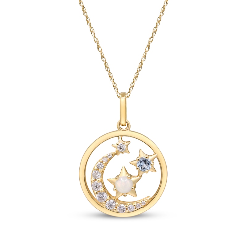 Main Image 1 of Aquamarine, Opal & Diamond Stars & Moon Necklace 1/6 ct tw 10K Yellow Gold 18&quot;