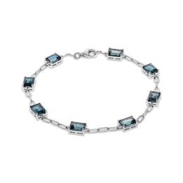 Emerald-Cut London Blue Topaz Station Bracelet Sterling Silver 7.25"