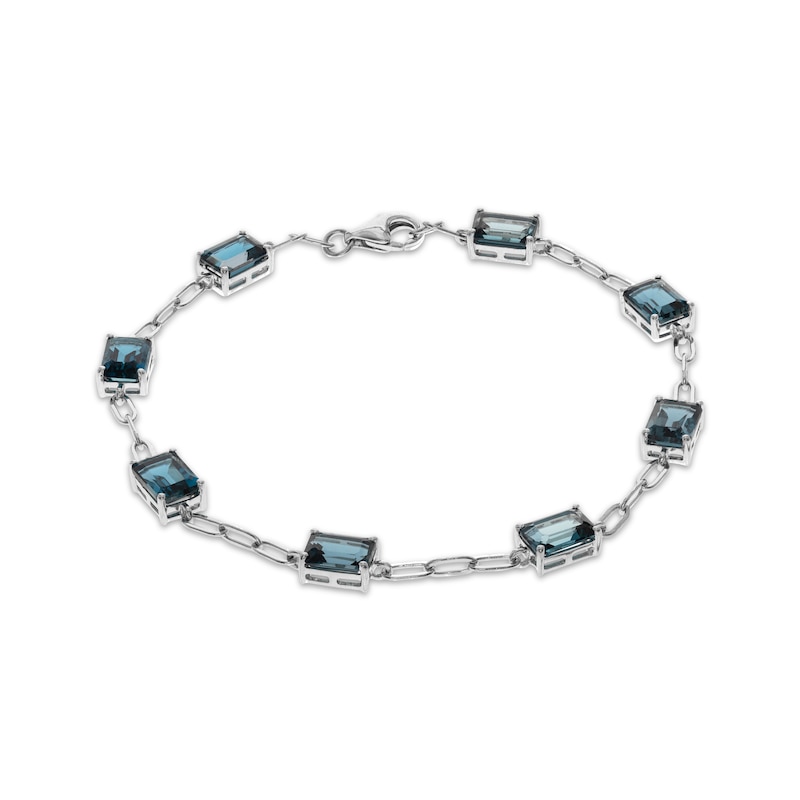 Main Image 1 of Emerald-Cut London Blue Topaz Station Bracelet Sterling Silver 7.25&quot;