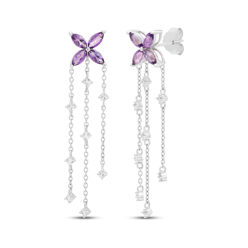Main Image 1 of Amethyst & White Lab-Created Sapphire Flower Drop Earrings Sterling Silver