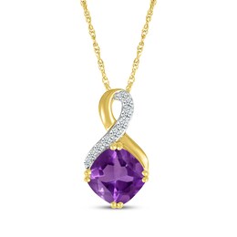 Cushion-Cut Amethyst & Diamond Swirl Necklace 1/15 ct tw 10K Yellow Gold 18"