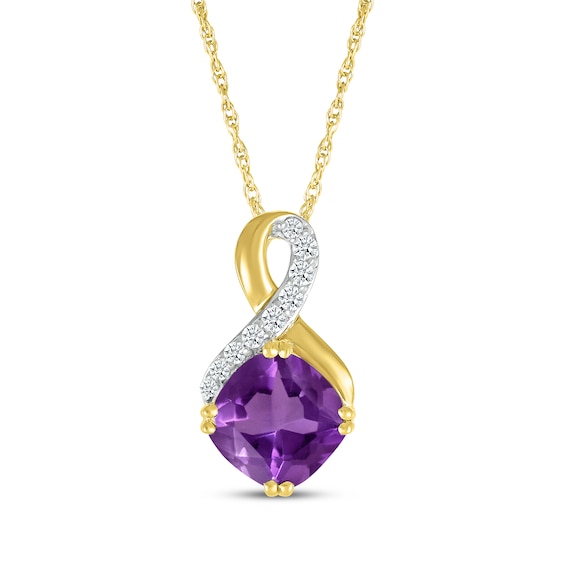 Cushion-Cut Amethyst & Diamond Swirl Necklace 1/15 ct tw 10K Yellow Gold 18"