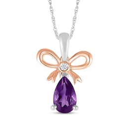 Pear-Shaped Amethyst & White Lab-Created Sapphire Bow Necklace Sterling Silver & 10K Rose Gold 18"