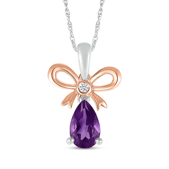Pear-Shaped Amethyst & White Lab-Created Sapphire Bow Necklace Sterling Silver & 10K Rose Gold 18"