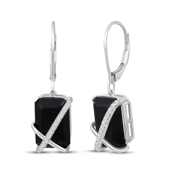 Emerald-Cut Black Onyx & Diamond Crossover Drop Earrings 1/8 ct tw Sterling Silver