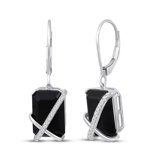 Emerald-Cut Black Onyx & Diamond Crossover Drop Earrings 1/8 ct tw Sterling Silver