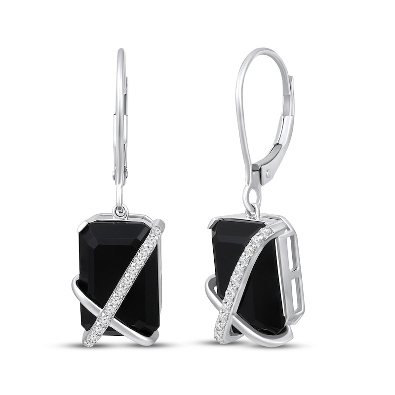 Main Image 1 of Emerald-Cut Black Onyx & Diamond Crossover Drop Earrings 1/8 ct tw Sterling Silver