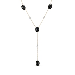 Oval-Cut Agate & Diamond Station Y-Drop Necklace 1/20 ct tw 10K Yellow Gold 18"