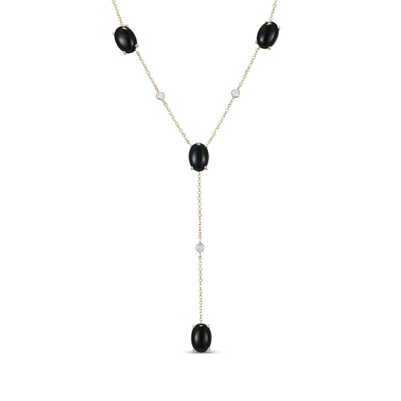 Oval-Cut Agate & Diamond Station Y-Drop Necklace 1/20 ct tw 10K Yellow Gold 18"