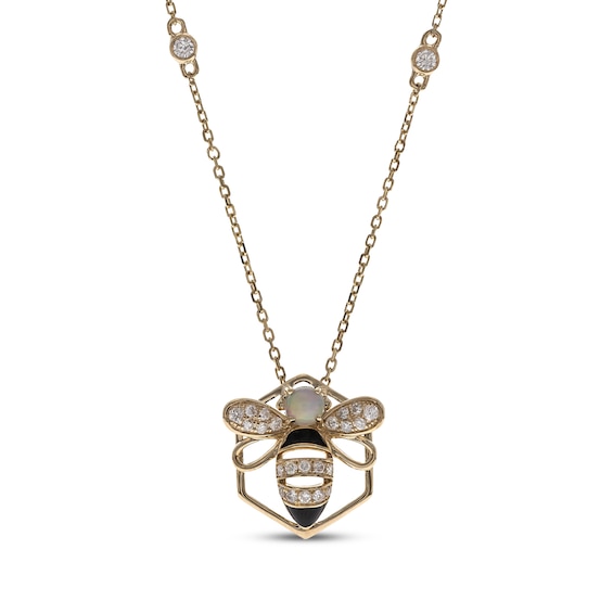 Opal & Diamond Bee Necklace 1/5 ct tw 10K Yellow Gold 18"