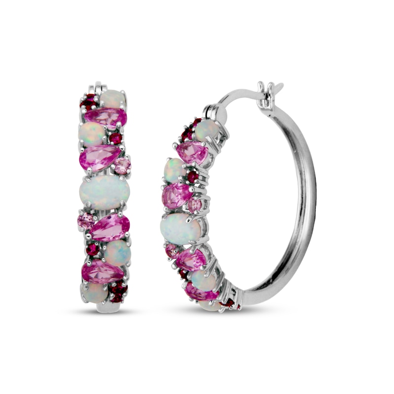 Multi-Shape Pink Lab-Created Sapphire, Lab-Created Ruby & Lab-Created Opal Hoop Earrings Sterling Silver