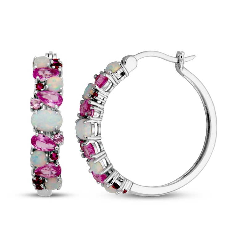 Multi-Shape Pink Lab-Created Sapphire, Lab-Created Ruby & Lab-Created Opal Hoop Earrings Sterling Silver
