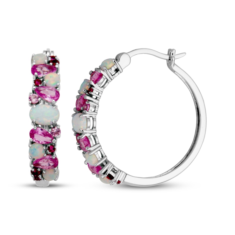 Main Image 3 of Multi-Shape Pink Lab-Created Sapphire, Lab-Created Ruby & Lab-Created Opal Hoop Earrings Sterling Silver