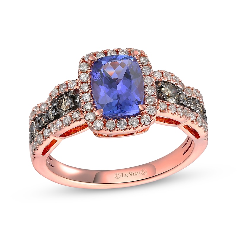 Main Image 1 of Le Vian Chocolate Waterfall Cushion-Cut Tanzanite Halo Ring 3/4 ct tw Diamonds 14K Strawberry Gold