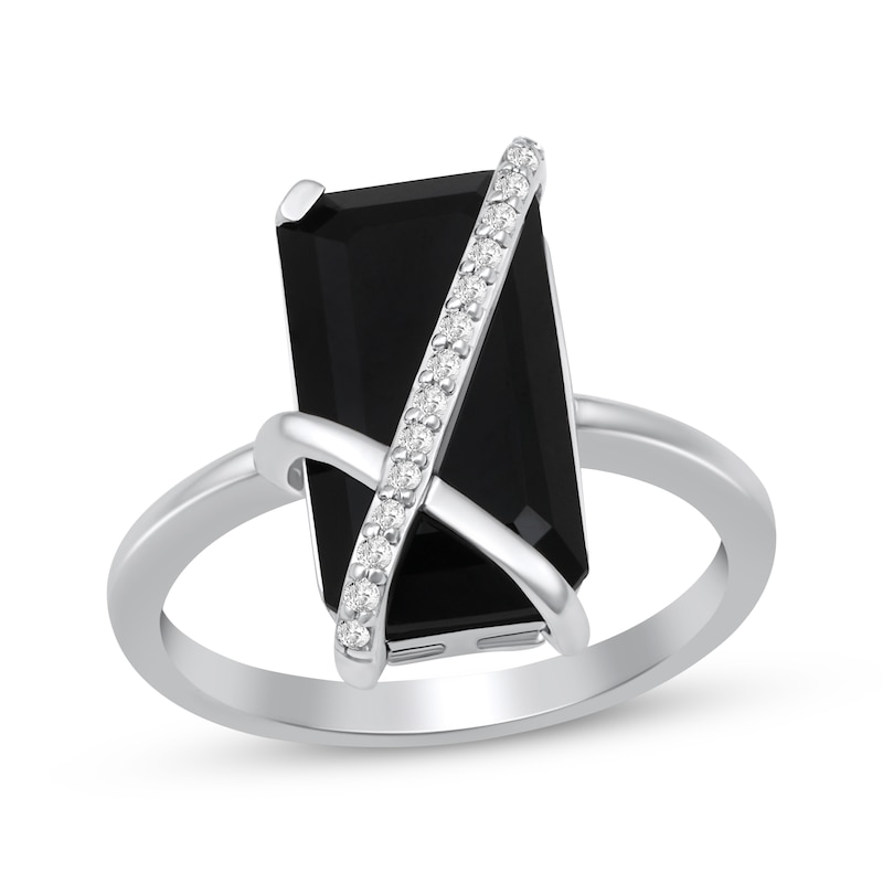 Main Image 1 of Emerald-Cut Black Onyx & Diamond Crossover Ring 1/15 ct tw Sterling Silver