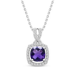 Cushion-Cut Amethyst & White Lab-Created Sapphire Halo Necklace Sterling Silver 18"