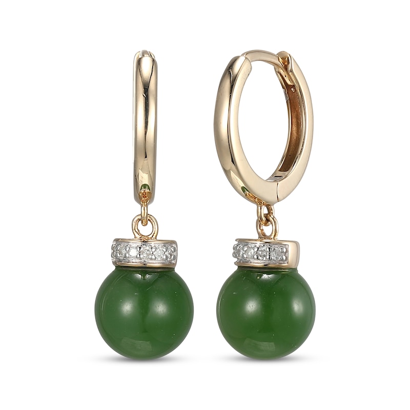 Main Image 1 of Nephrite Jade & Diamond Collar Hoop Drop Earrings 1/20 ct tw 14K Yellow Gold